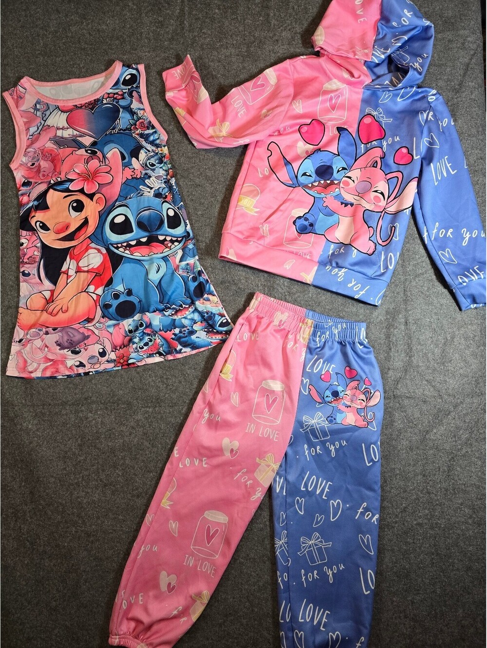 Disney Stitch Girls' 3-Piece Pajama Set Nightdress, Hoodie, Jogger Pants 7/8 yrs